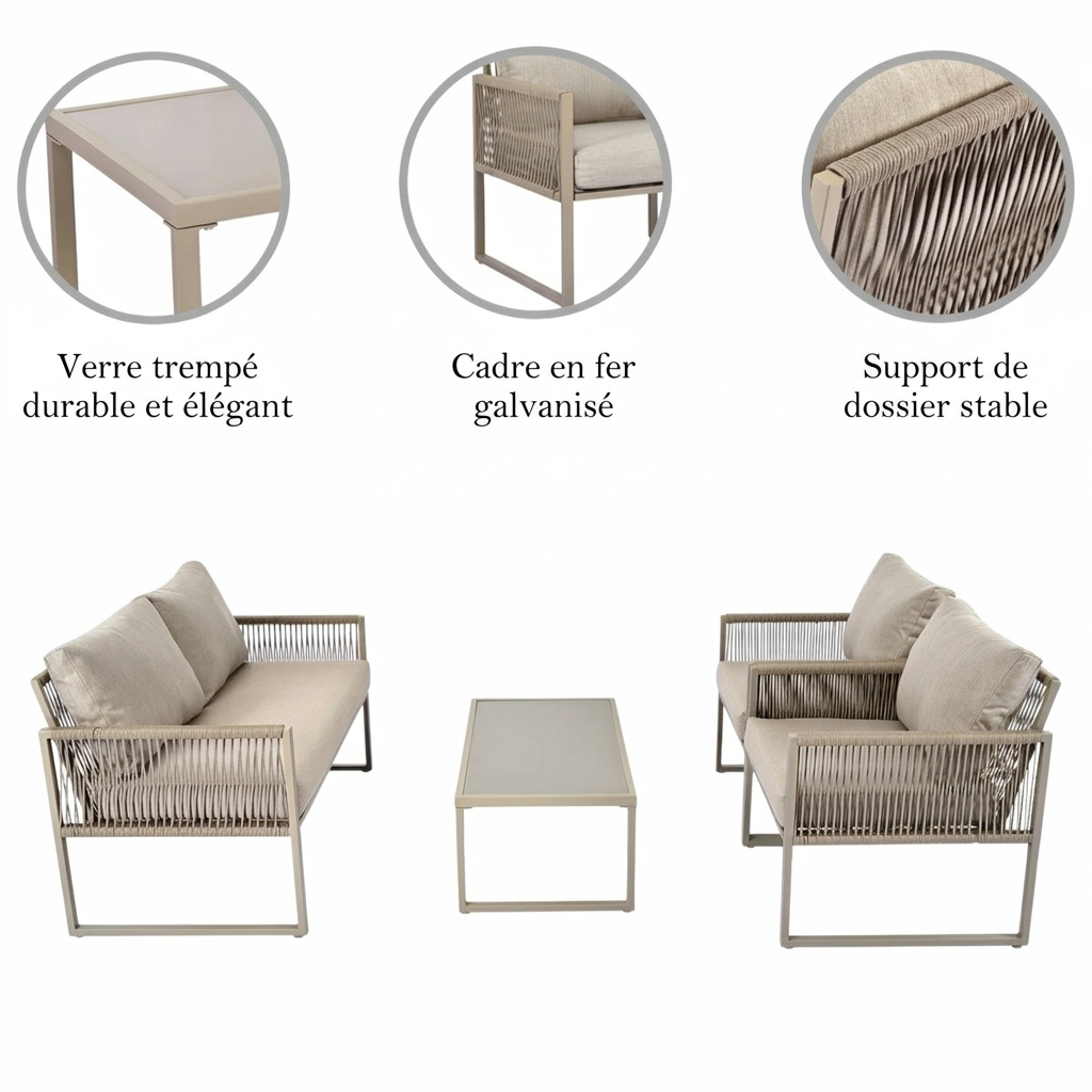 Solenza – Salon de Jardin Lounge 4 Places Kaki avec Table Basse en Verre pour Extérieur Élégant