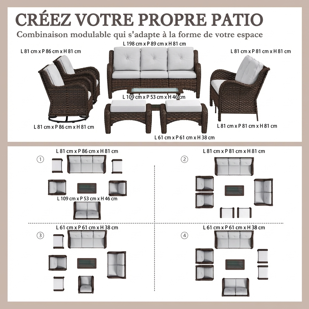 Gurena – Salon de Jardin Modulable 9 Places (7 Pièces) avec Coussins Confort Haut de Gamme pour Extérieur