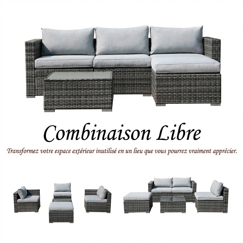 Abrela – Salon de Jardin Modulable 3 Places en Rotin avec Coussins Confort pour Extérieur Moderne