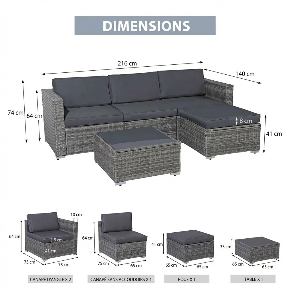 Abrela – Salon de Jardin Modulable 3 Places en Rotin avec Coussins Confort pour Extérieur Moderne