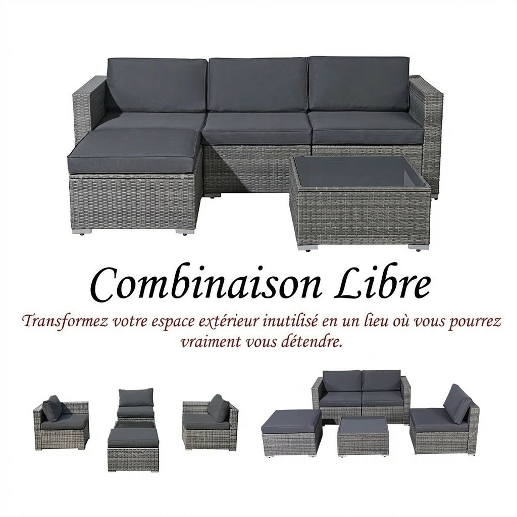 Abrela – Salon de Jardin Modulable 3 Places en Rotin avec Coussins Confort pour Extérieur Moderne