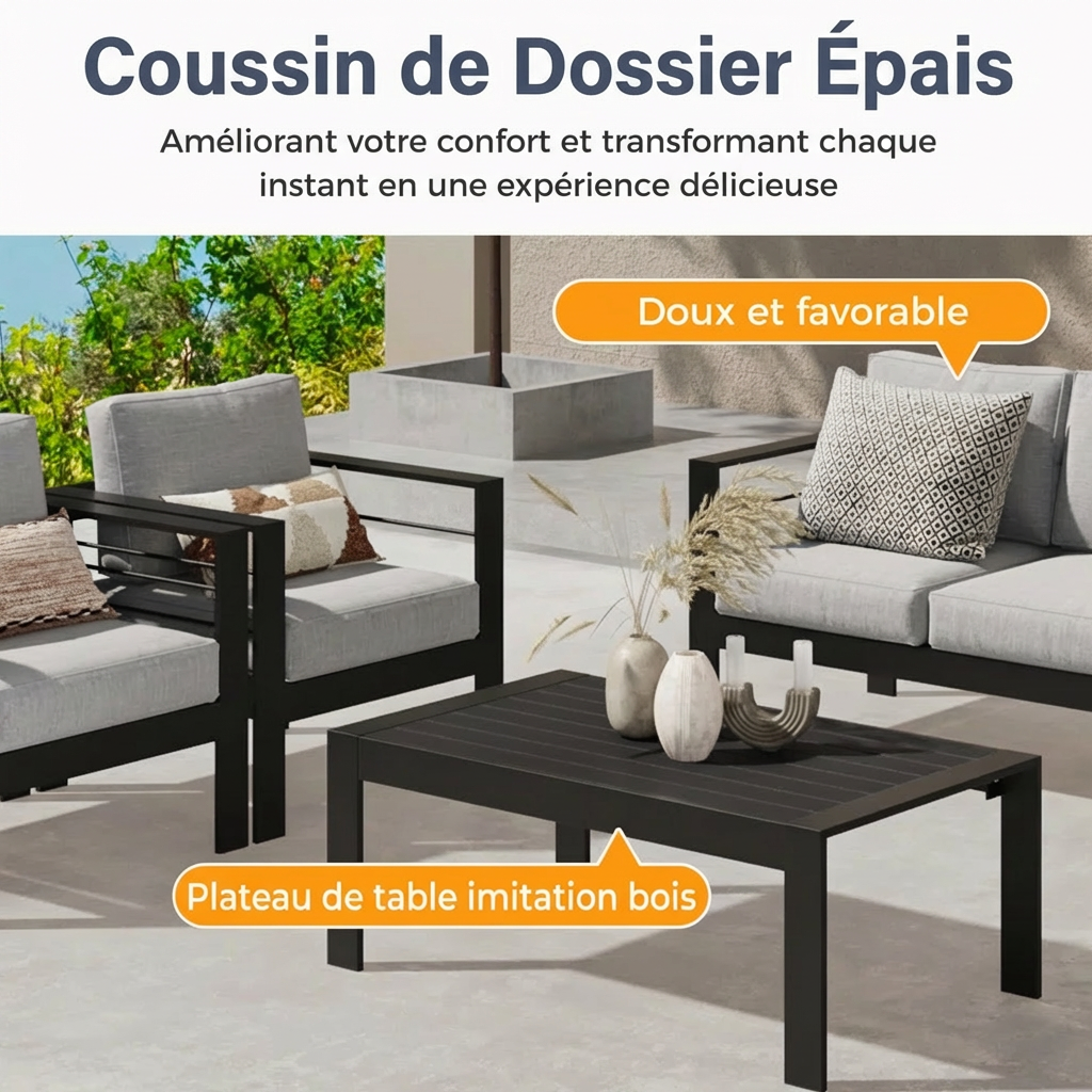 Alissia – Salon de Jardin 9 Places en Aluminium avec Coussins Confort Haut de Gamme pour Extérieur Moderne