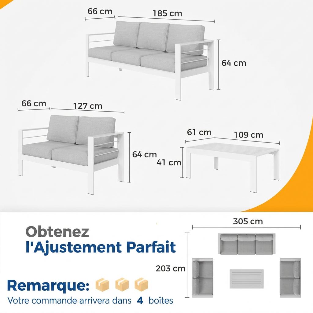 Branthea – Salon de Jardin 4 Pièces en Aluminium avec Coussins Confort Premium pour Extérieur Moderne