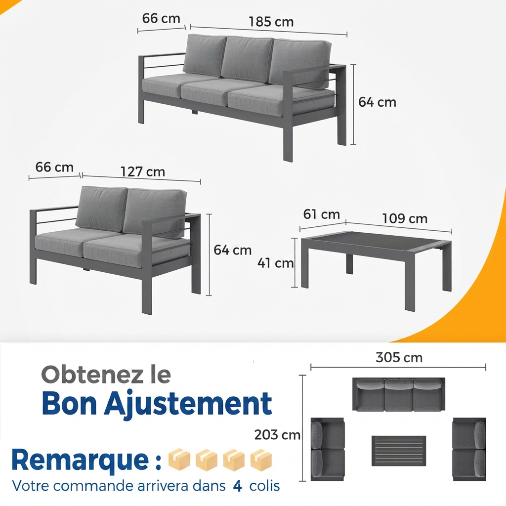 Branthea – Salon de Jardin 4 Pièces en Aluminium avec Coussins Confort Premium pour Extérieur Moderne