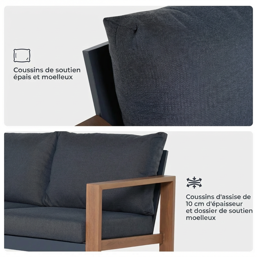 Arunel – Salon de Jardin 4 Pièces en Acier Effet Bois avec Coussins
