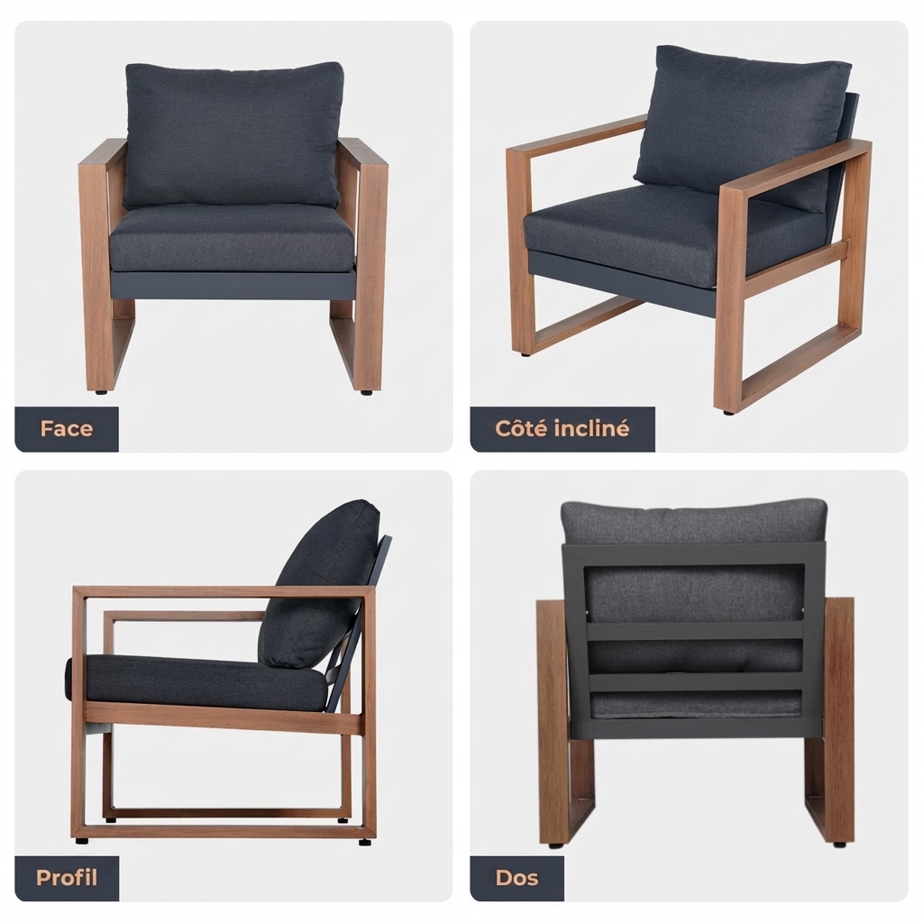 Arunel – Salon de Jardin 4 Pièces en Acier Effet Bois avec Coussins