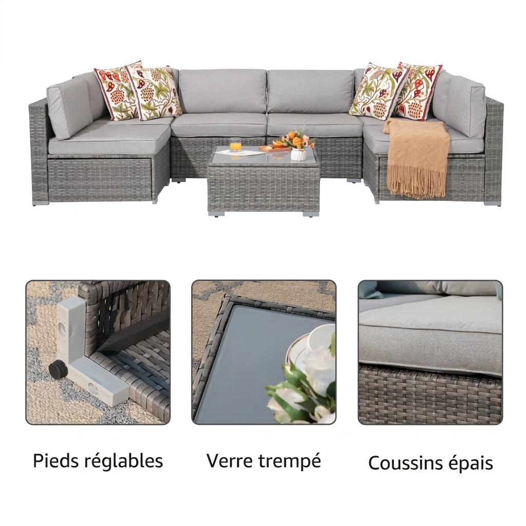 Salon de jardin modulable 6 places Riviera en résine tressée avec coussins