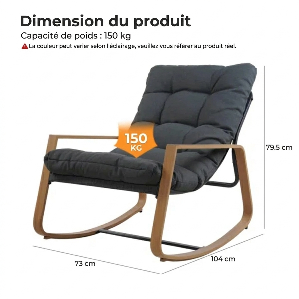 Luna Rock – Ensemble fauteuils à bascule extérieur 3 pièces avec table et coussins