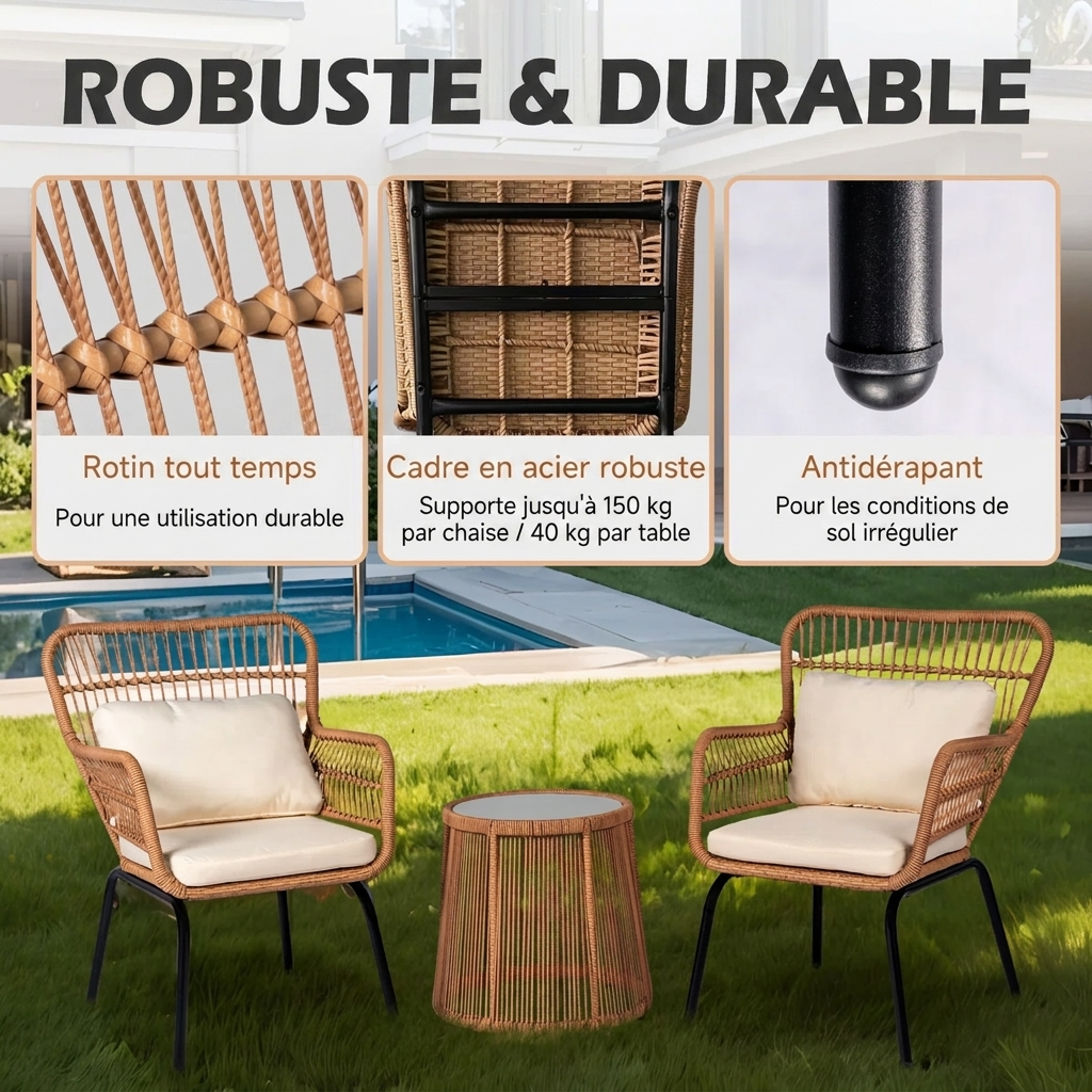 Zenia Duo – Salon de jardin 2 places avec table et coussins