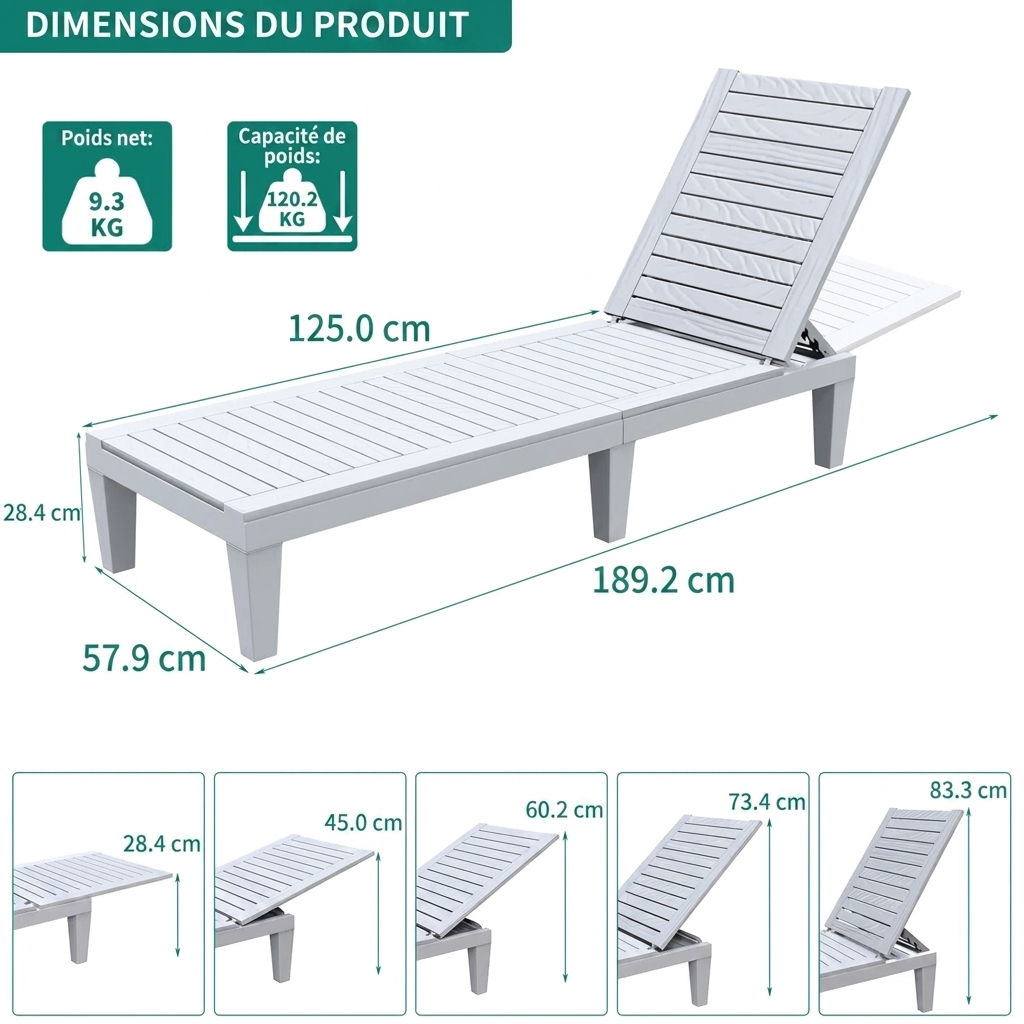 Zalora Sun – Lot de 2 transats inclinables en résine effet bois