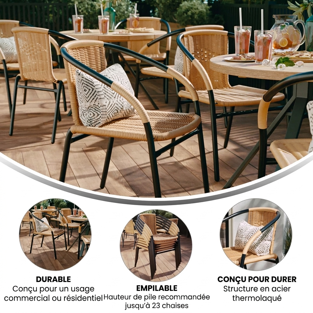 Zelven – Lot de 4 chaises d’extérieur empilables en rotin avec accoudoirs