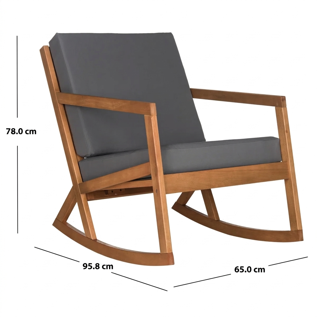 Kyron – Fauteuil à bascule extérieur en bois d’eucalyptus avec coussins