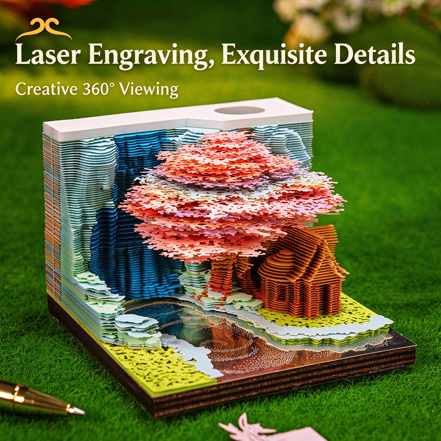 3D Art Memo Pad, Huaguo Mountain Tree House, Tear-Away 3D Paper Carving Sticky Notes, Decor Desk Ornament, Unique Birthday Gift for Men & Women