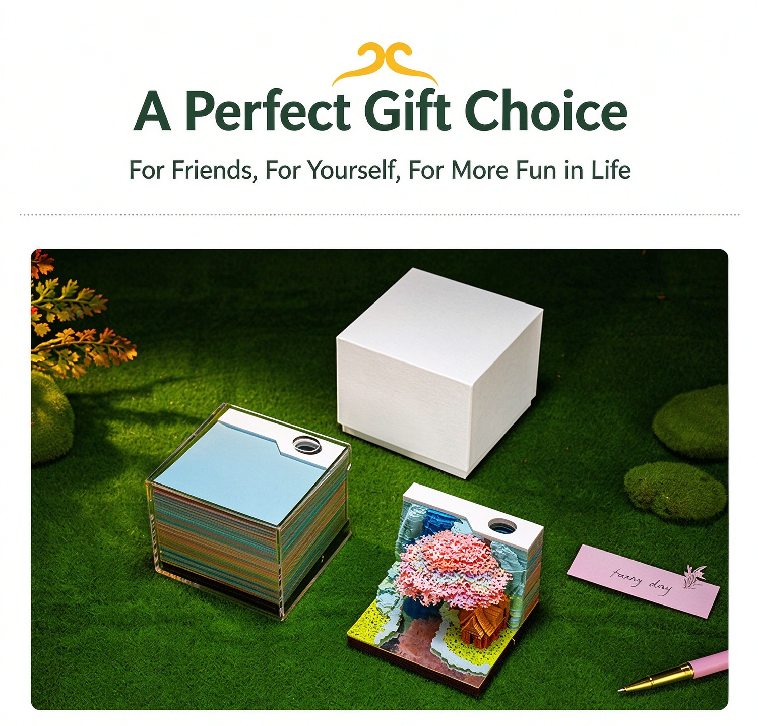 3D Art Memo Pad, Huaguo Mountain Tree House, Tear-Away 3D Paper Carving Sticky Notes, Decor Desk Ornament, Unique Birthday Gift for Men & Women
