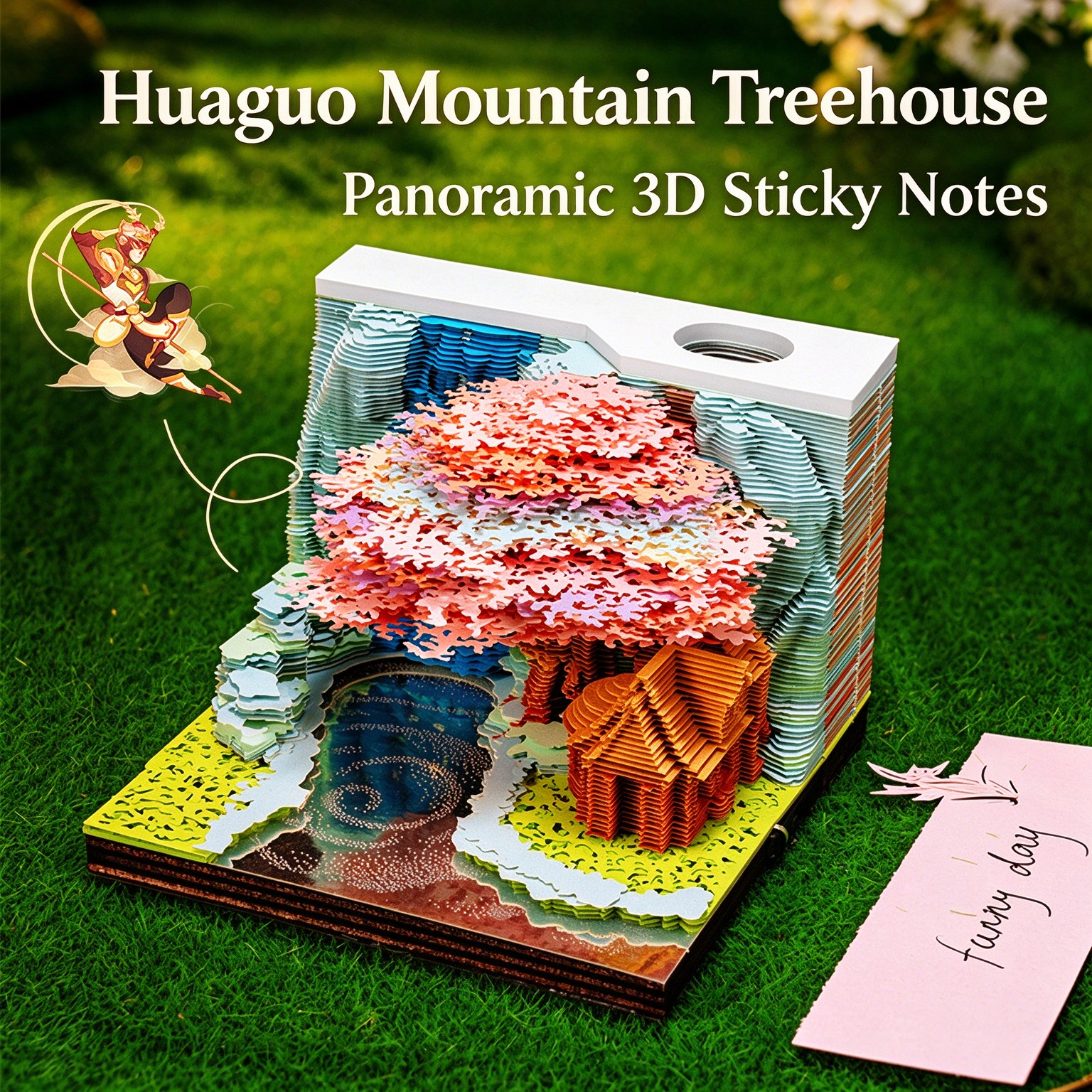3D Art Memo Pad, Huaguo Mountain Tree House, Tear-Away 3D Paper Carving Sticky Notes, Decor Desk Ornament, Unique Birthday Gift for Men & Women