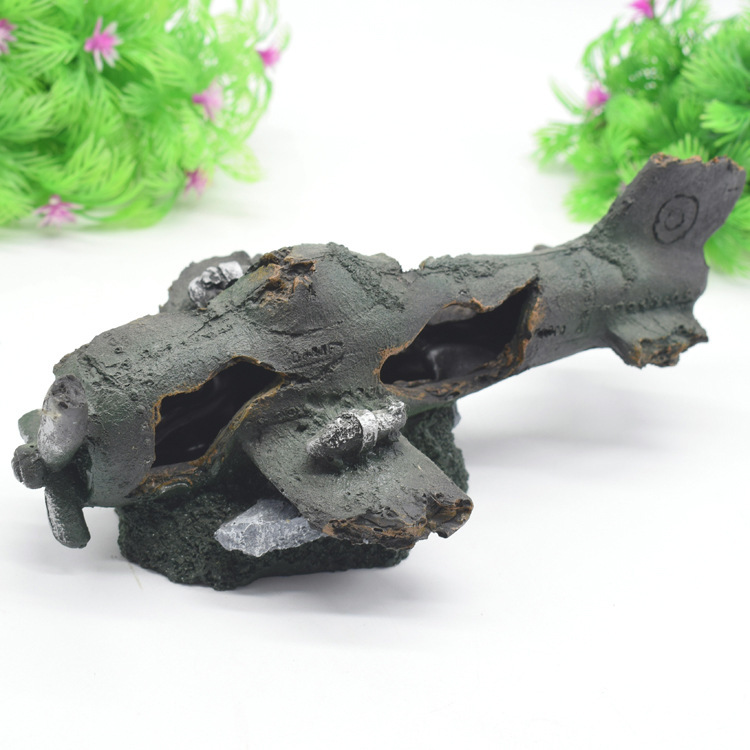 Sunken Airplane Wreck Aquarium Ornament, Resin Fish Tank Decor Hideout Cave for Fish Shrimp