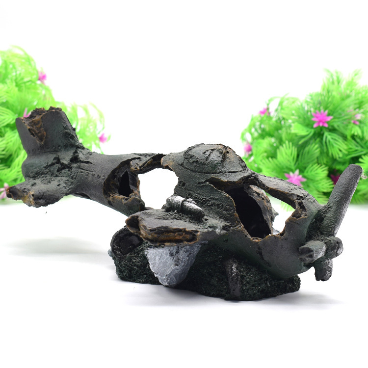 Sunken Airplane Wreck Aquarium Ornament, Resin Fish Tank Decor Hideout Cave for Fish Shrimp