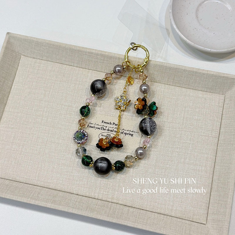 Vintage Orange Green Beaded Phone Charm | Spiritual Good Luck Crystal Phone Strap