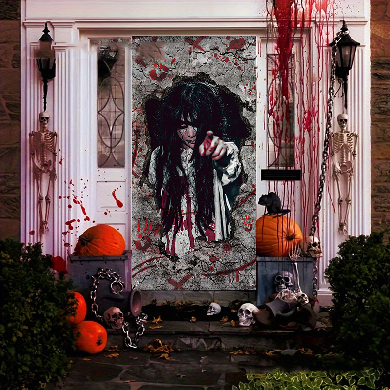 Halloween Door Cover Flag, Bloody Handprint Spooky Haunted House Decorations, Atmosphere Door Curtain, Holiday Banner