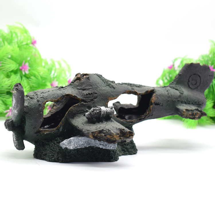 Sunken Airplane Wreck Aquarium Ornament, Resin Fish Tank Decor Hideout Cave for Fish Shrimp