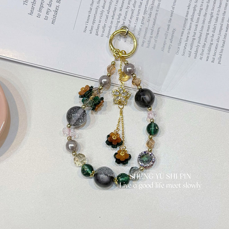 Vintage Orange Green Beaded Phone Charm | Spiritual Good Luck Crystal Phone Strap