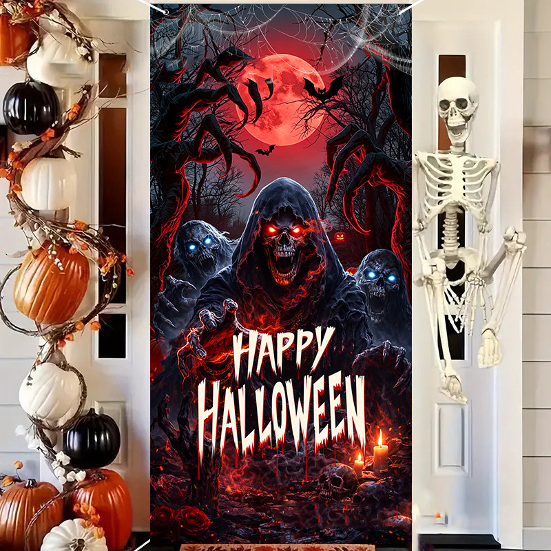 Halloween Door Cover Flag, Bloody Handprint Spooky Haunted House Decorations, Atmosphere Door Curtain, Holiday Banner