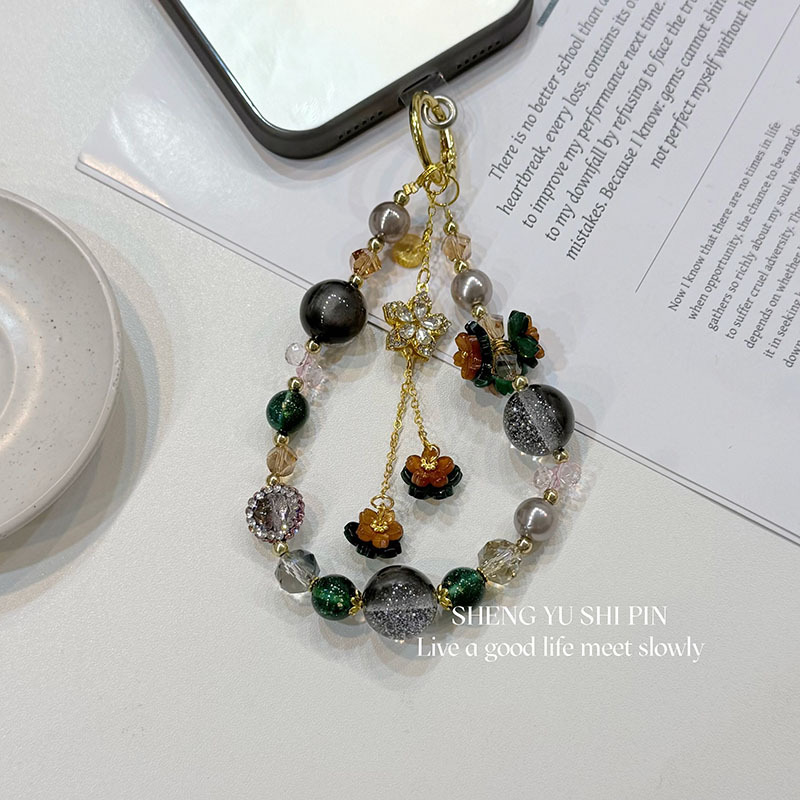 Vintage Orange Green Beaded Phone Charm | Spiritual Good Luck Crystal Phone Strap