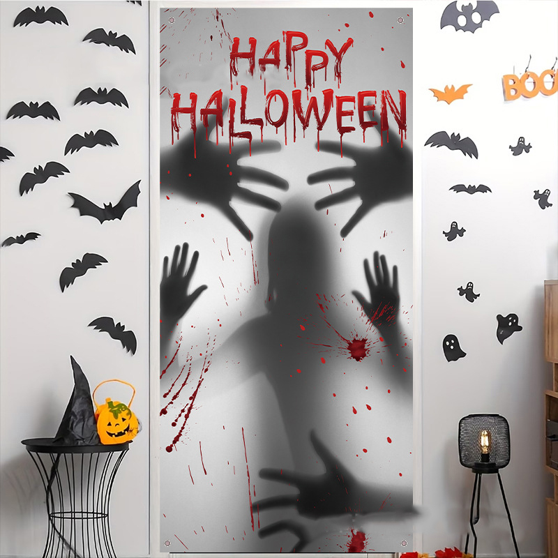 Halloween Door Cover Flag, Bloody Handprint Spooky Haunted House Decorations, Atmosphere Door Curtain, Holiday Banner