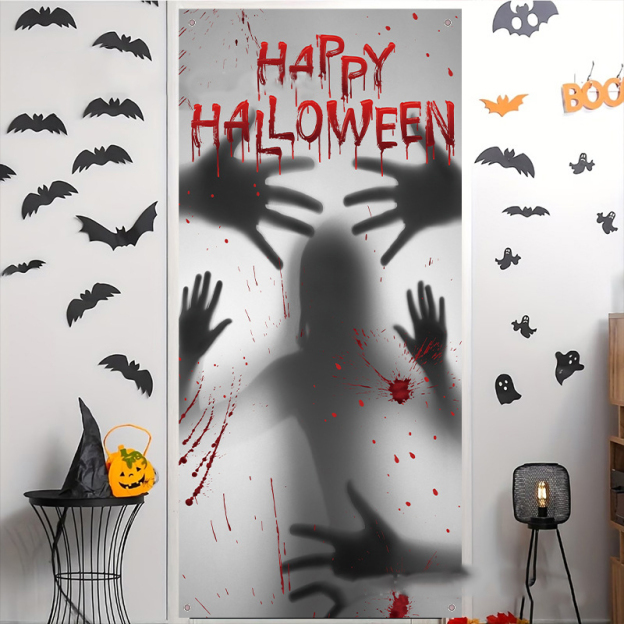 Halloween Door Cover Flag, Bloody Handprint Spooky Haunted House Decorations, Atmosphere Door Curtain, Holiday Banner