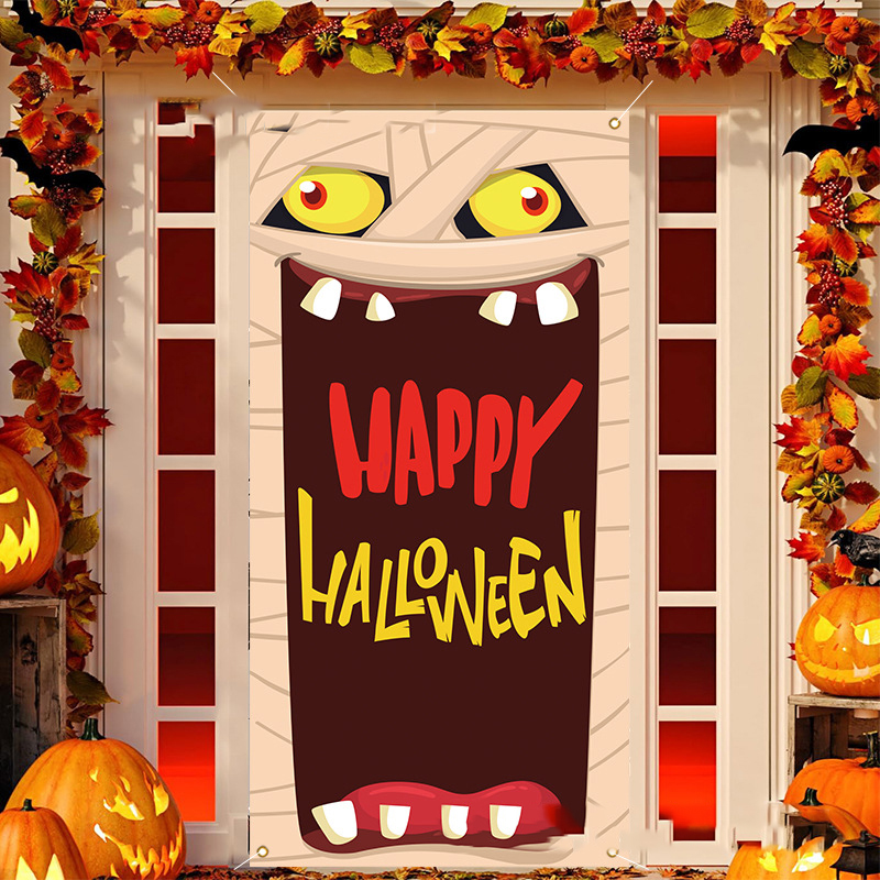 Halloween Door Cover Flag, Bloody Handprint Spooky Haunted House Decorations, Atmosphere Door Curtain, Holiday Banner