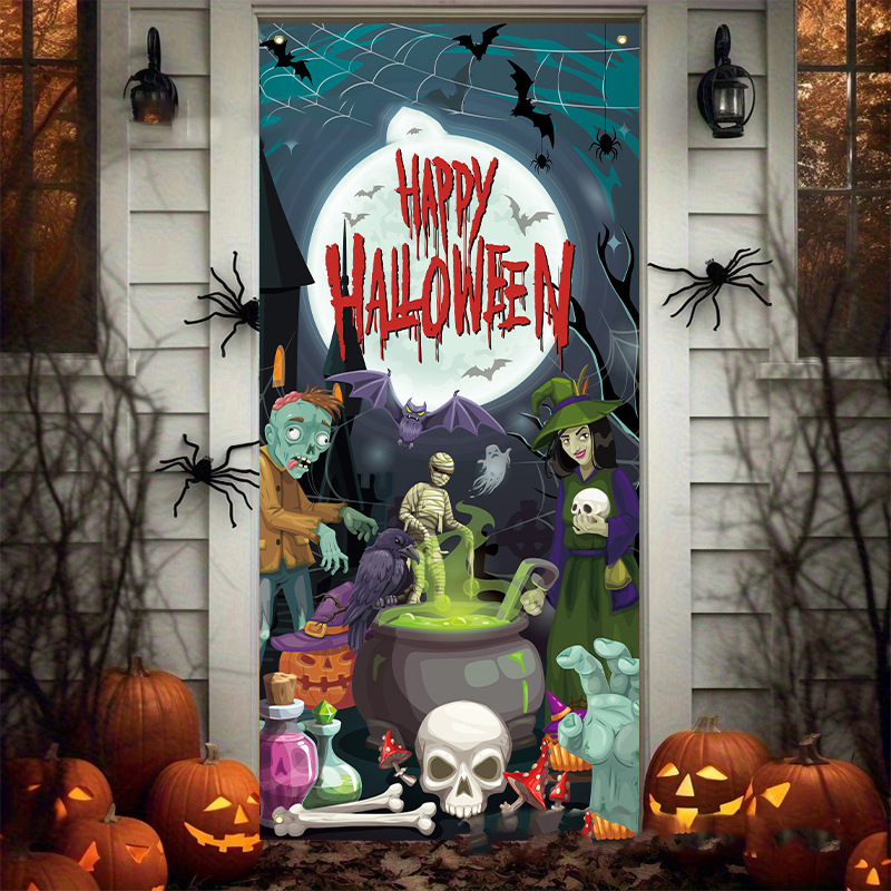 Halloween Door Cover Flag, Bloody Handprint Spooky Haunted House Decorations, Atmosphere Door Curtain, Holiday Banner