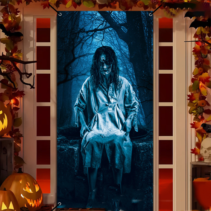 Halloween Door Cover Flag, Bloody Handprint Spooky Haunted House Decorations, Atmosphere Door Curtain, Holiday Banner