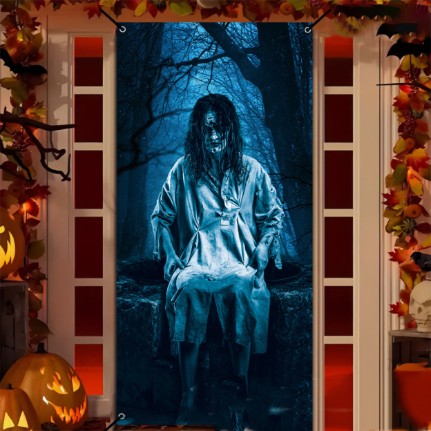 Halloween Door Cover Flag, Bloody Handprint Spooky Haunted House Decorations, Atmosphere Door Curtain, Holiday Banner