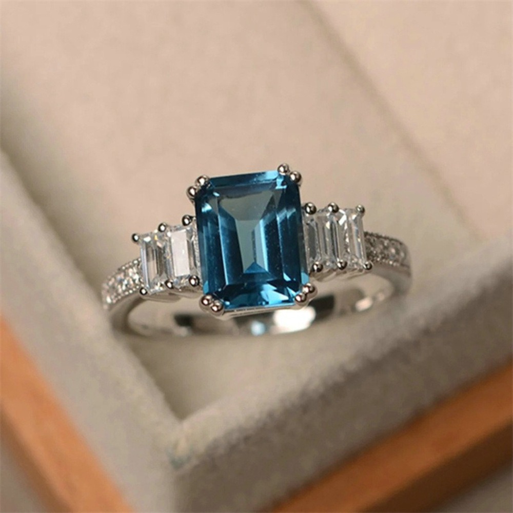 S925 Sterling Silver Emerald-Cut Blue Gemstone Ring