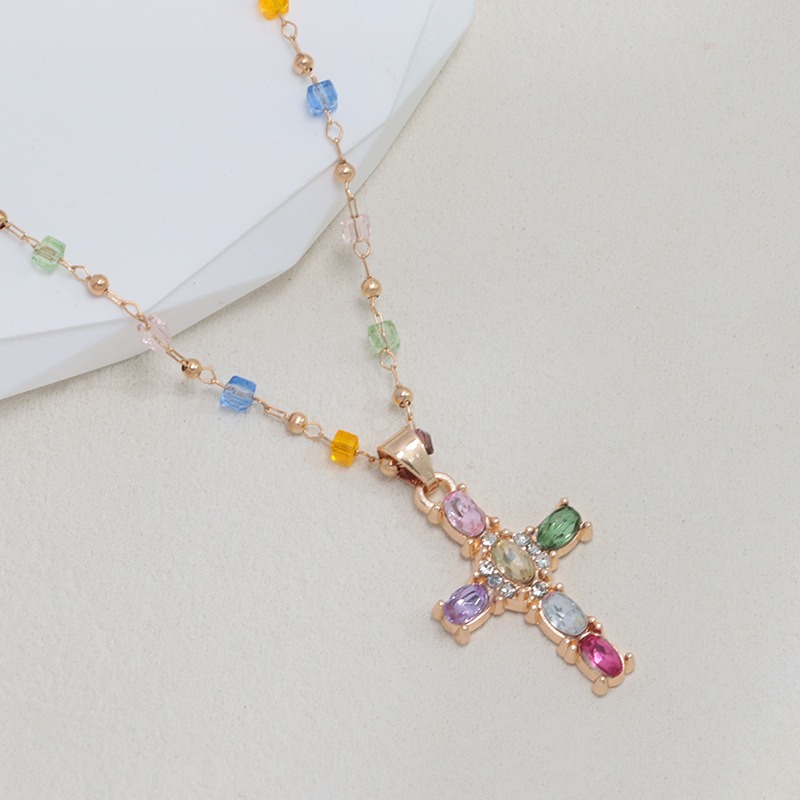 Colorful Blessing 14K Gold Gemstone Cross Necklace