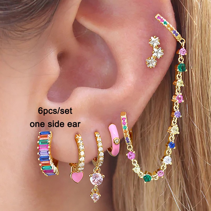 Rainbow Dopamine 14K Gold S925 Silver Colorful Gemstone Stacking Earrings Set