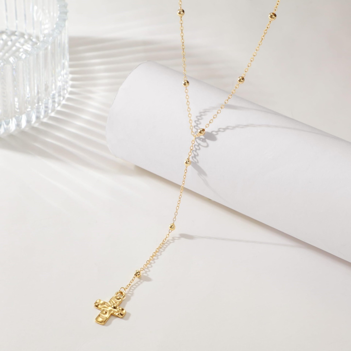 "Divine Layering" 14K Gold Cross Lariat Necklace