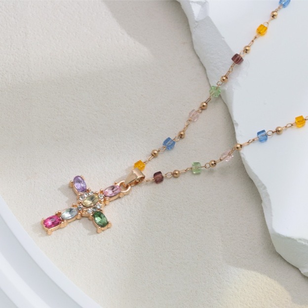 Colorful Blessing 14K Gold Gemstone Cross Necklace