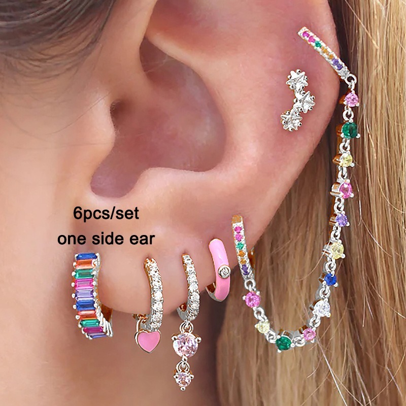 Rainbow Dopamine 14K Gold S925 Silver Colorful Gemstone Stacking Earrings Set
