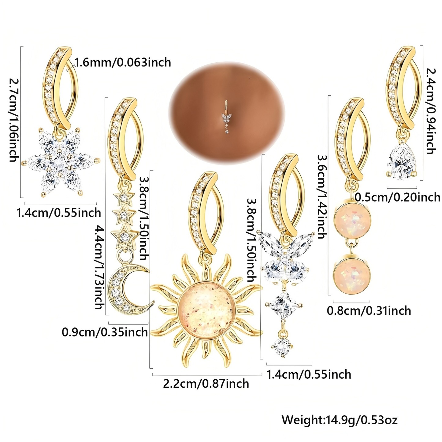 "elestial Glow 14K Gold S925 Silver Clicker Belly Button Ring Set