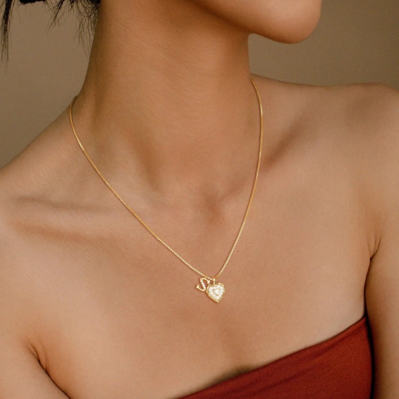 Personalized Heartbeat 14K Gold Plated Initial Mother-of-Pearl Heart Necklace