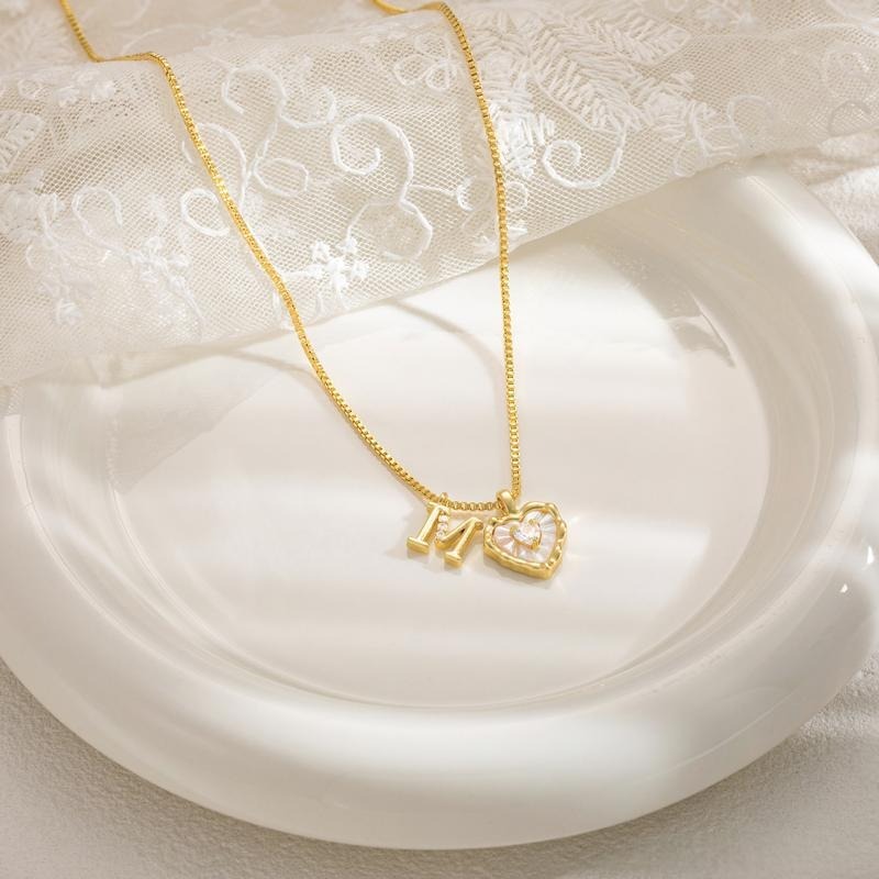 Personalized Heartbeat 14K Gold Plated Initial Mother-of-Pearl Heart Necklace