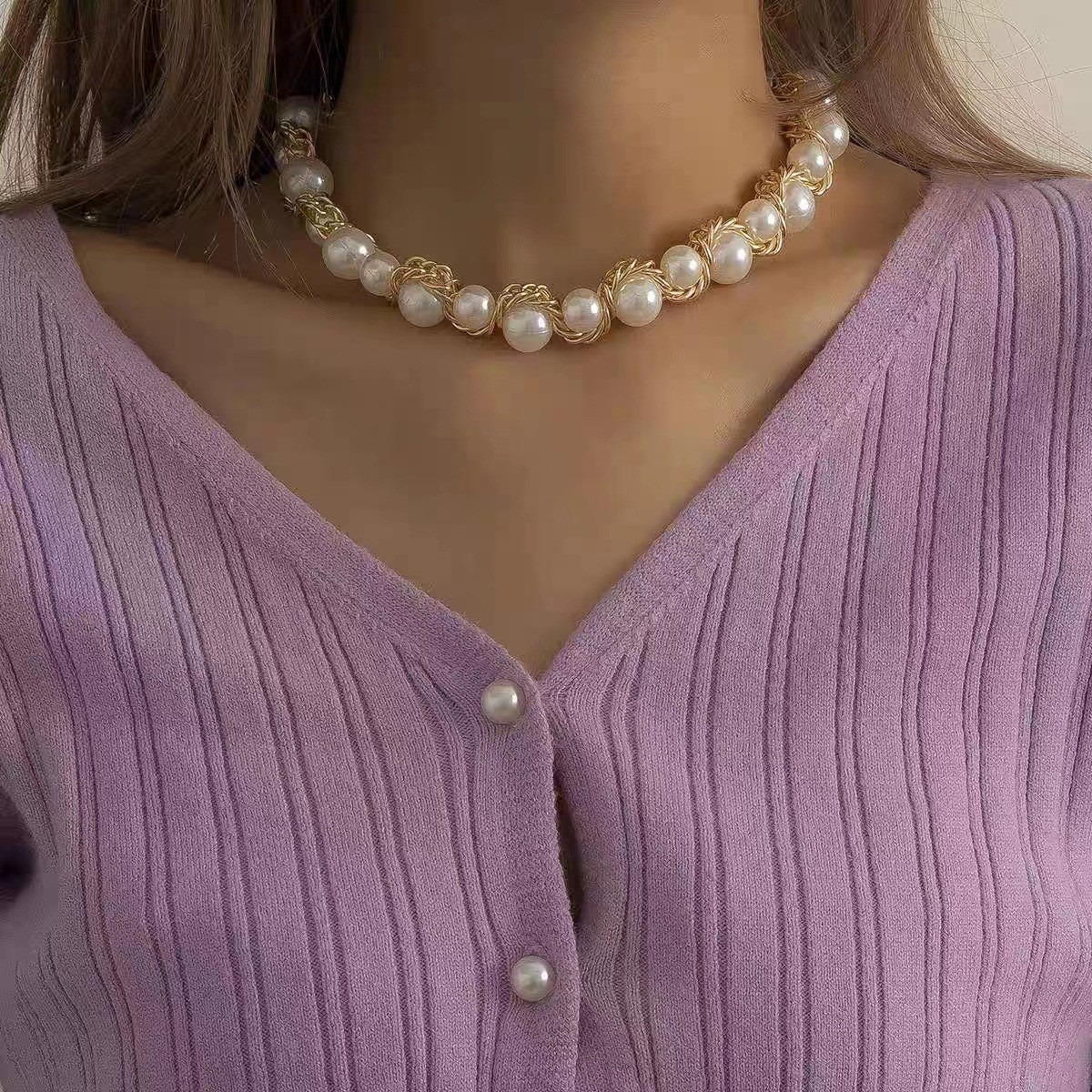 Golden Weave 14K Gold Pearl Necklace Bracelet Set