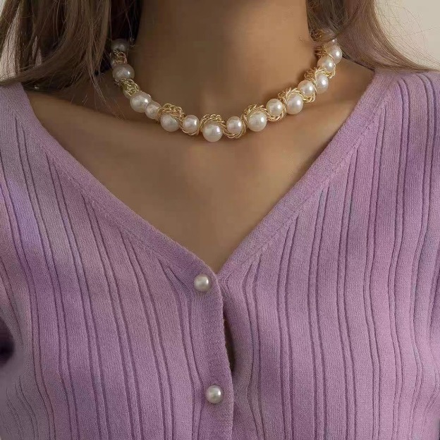Golden Weave 14K Gold Pearl Necklace Bracelet Set