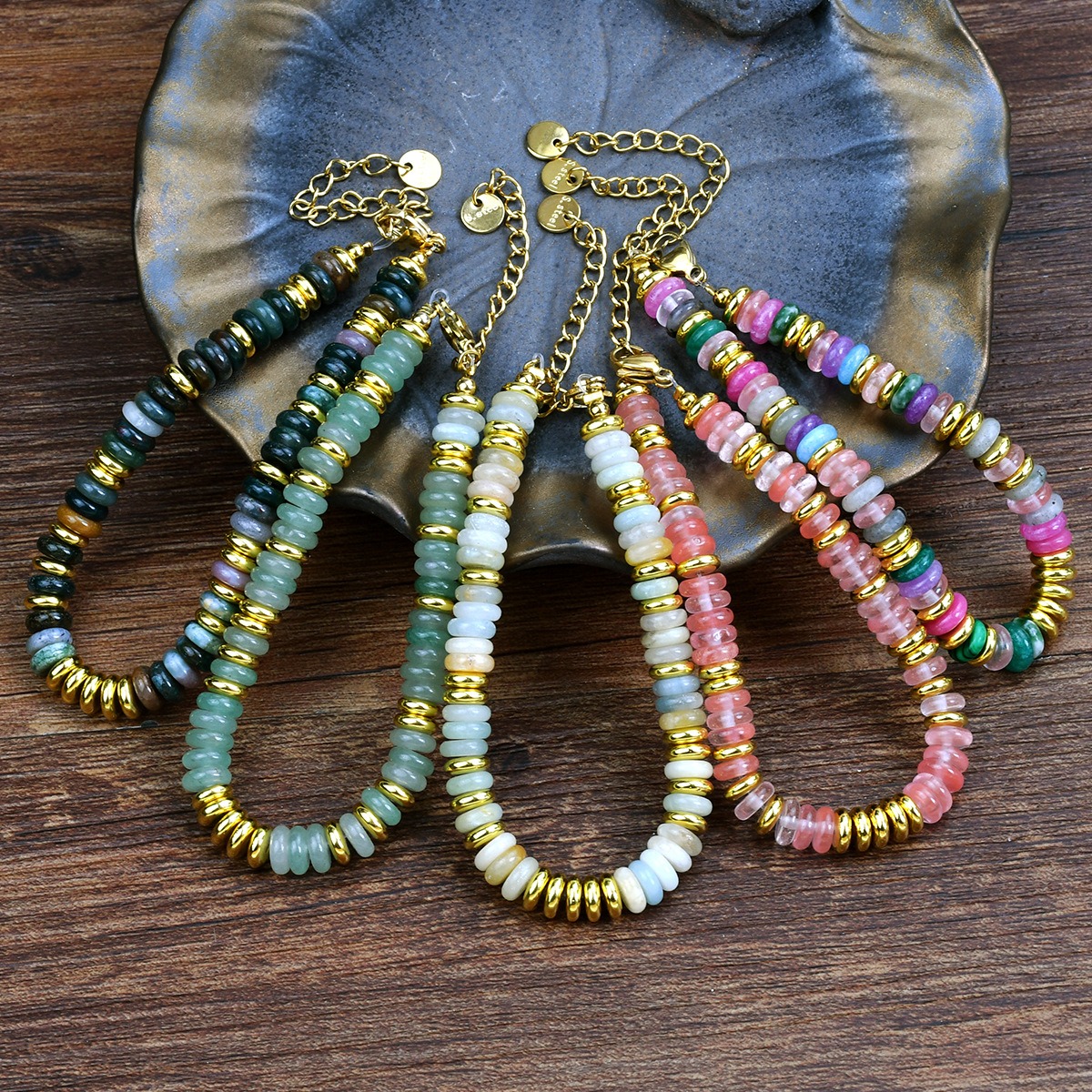 Boho Earth Harmony Natural Stone Heishi Bead Bracelet with Gold Spacers