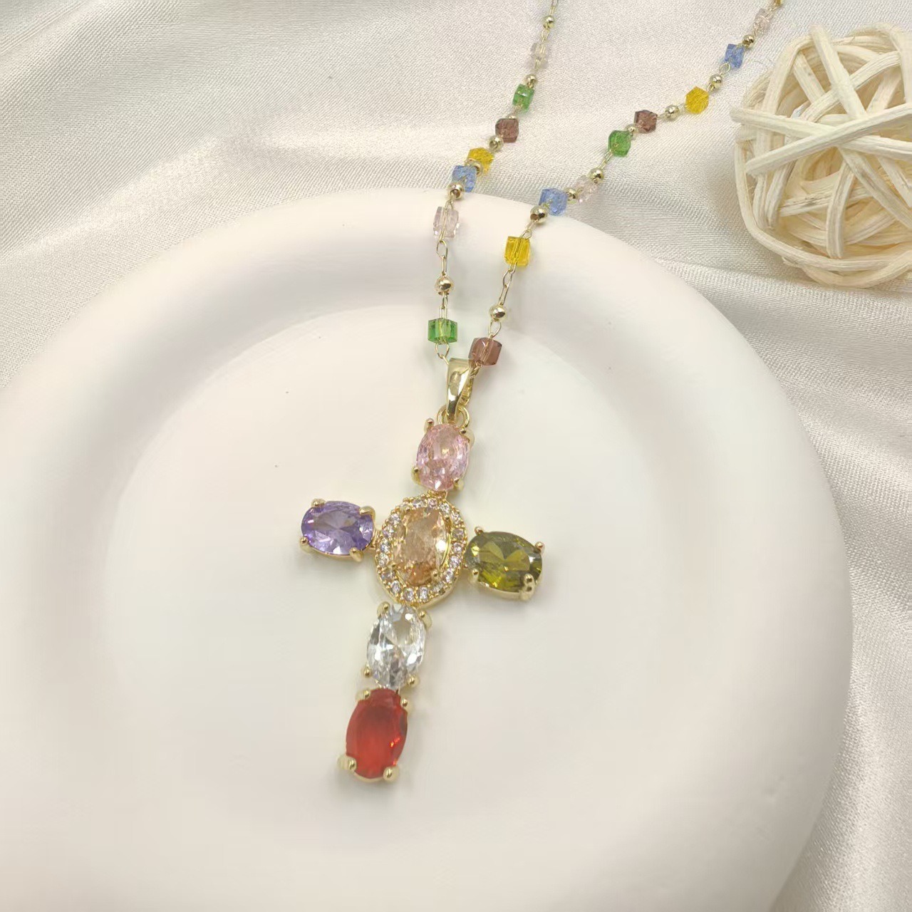 Colorful Blessing 14K Gold Gemstone Cross Necklace