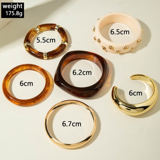 Retro Boho Tortoiseshell Resin Gold-Tone Metal Stacking Bangle Set