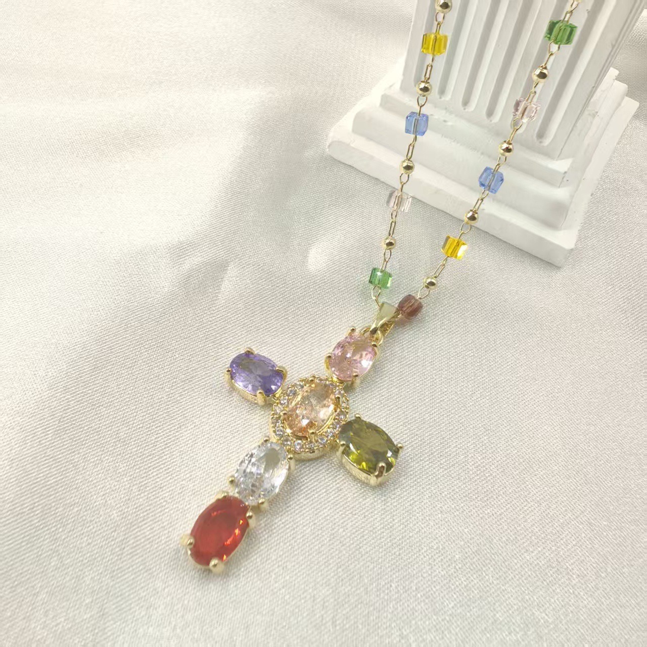 Colorful Blessing 14K Gold Gemstone Cross Necklace