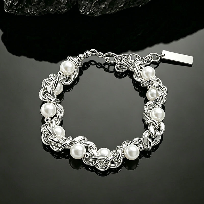 Modern Weave S925 Silver Pearl Necklace Bracelet Set