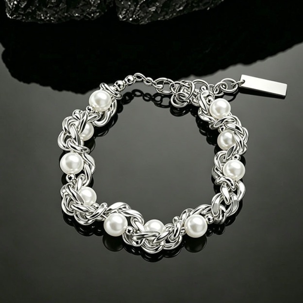 Modern Weave S925 Silver Pearl Necklace Bracelet Set